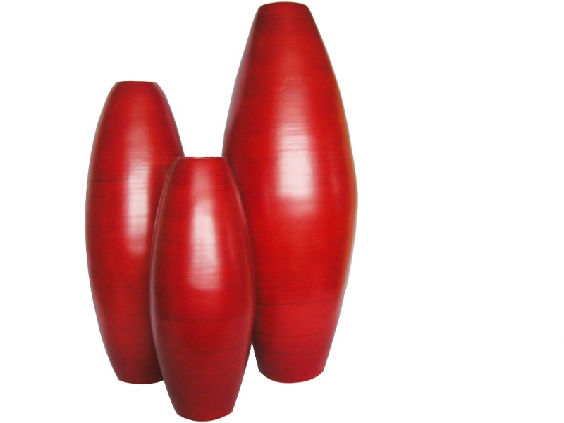 Superior Red Spun Bamboo Decor Vases Set of 3 - Handcrafted Lacquer Floor Vessels